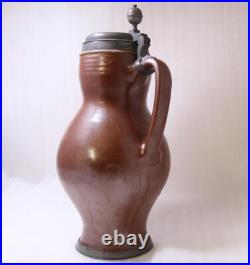 Antique Large Early German Brown Earthenware Beer Stein Birnkrug Bunzlau c. 1780s