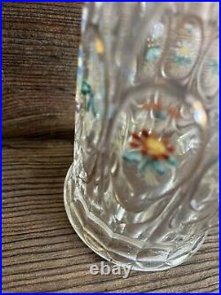Antique Lidded 8 1/2 Beer Stein Cut Glass HandPainted Flowers German Pewter Top