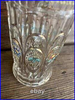 Antique Lidded 8 1/2 Beer Stein Cut Glass HandPainted Flowers German Pewter Top