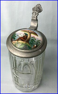 Antique Lidded Cut Glass Mug German Beer Stein Hand Painted Porcelain Lid 0,5l