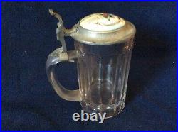 Antique Lidded Cut Glass Mug German Beer Stein Handpainted Porcelain Lid