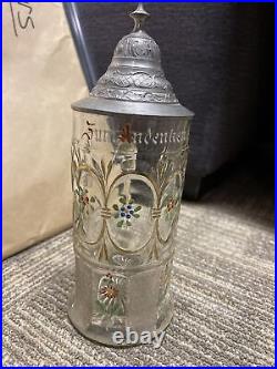 Antique Lidded Cut Glass Mug painted German Beer Stein pewter top 9