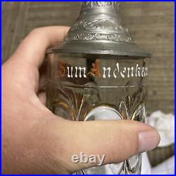 Antique Lidded Cut Glass Mug painted German Beer Stein pewter top 9