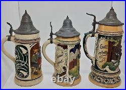 Antique Lot of 3 German Lidded Beer Stein Tankard Mugs, Made in Germany