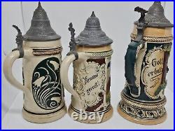 Antique Lot of 3 German Lidded Beer Stein Tankard Mugs, Made in Germany