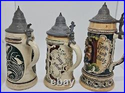 Antique Lot of 3 German Lidded Beer Stein Tankard Mugs, Made in Germany