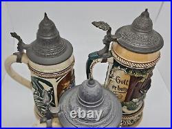 Antique Lot of 3 German Lidded Beer Stein Tankard Mugs, Made in Germany