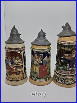 Antique Lot of 3 German Lidded Beer Stein Tankard Mugs, Made in Germany