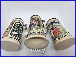 Antique Lot of 3 German Lidded Beer Stein Tankard Mugs, Made in Germany