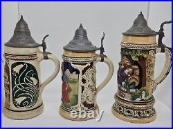 Antique Lot of 3 German Lidded Beer Stein Tankard Mugs, Made in Germany