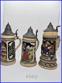 Antique Lot of 3 German Lidded Beer Stein Tankard Mugs, Made in Germany