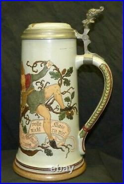 Antique Marzi Remy Gnomes Vines 1L German Etched Beer Stein 1619 Pewter Owl Lid
