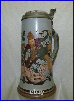 Antique Marzi Remy Gnomes Vines 1L German Etched Beer Stein 1619 Pewter Owl Lid