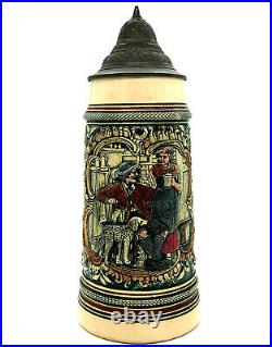 Antique Merkelbach & Wick German Pewter Lidded Beer Stein Couple Drinking 1 L