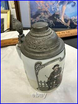 Antique Mettlach Etched German Farmers with Piglets Mug 0.5L Beer Stein 2967