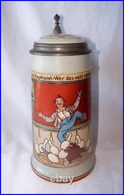 Antique Mettlach German Stoneware Lidded Beer Stein # 2959 / 1.0L Bowling Scene