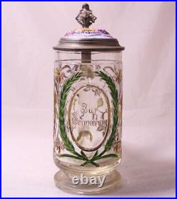 Antique Pressed Glass Enameled German Stein Inlaid Lid Wedding Anniversary c1900
