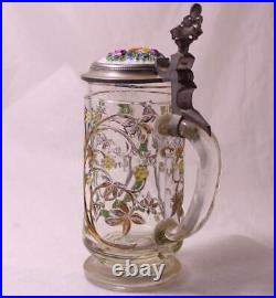 Antique Pressed Glass Enameled German Stein Inlaid Lid Wedding Anniversary c1900