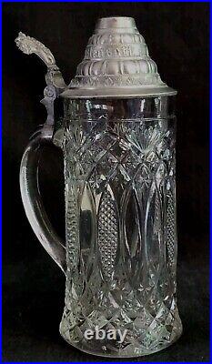 Antique Pressed Glass German Beer Stein Lid 9.5 Gerstensaft Frohsinn Schofft