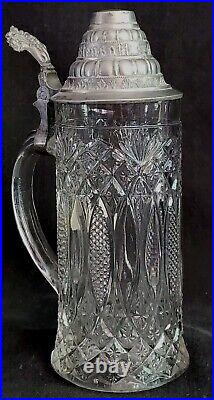 Antique Pressed Glass German Beer Stein Lid 9.5 Gerstensaft Frohsinn Schofft