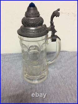 Antique Pressed Glass & Jeweled Pewter Top German 5 Liter Beer Stein