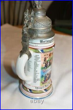 Antique Regimental Military German Beer Stein withPewter Lid 1909-1911