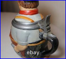 Antique Reinh Merkelbach figural German pottery pewter lidded beer stein tankard