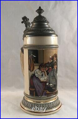 Antique Rh German Pottery Beer Lidded Stein With Hand Painted Tavern Scene