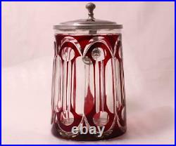 Antique Ruby Red German Bohemian Stone Cut Glass Beer Stein withInlaid Lid c. 1860s