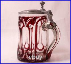 Antique Ruby Red German Bohemian Stone Cut Glass Beer Stein withInlaid Lid c. 1860s