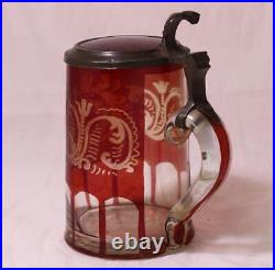 Antique Ruby Red German Bohemian Stone Cut Glass Beer Stein withInlaid Lid c. 1870s