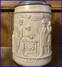 Antique Salt Glaze Stoneware German Westerwald Stein Lidded Beer Mug 1880s