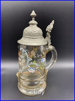 Antique Theresienthal German Beer Stein Blown Glass Enamel Paint Pewter Lid 0.5L