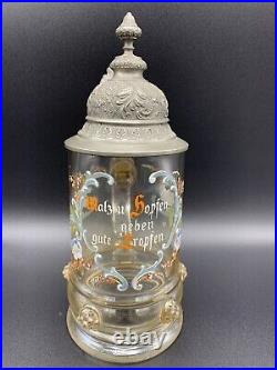 Antique Theresienthal German Beer Stein Blown Glass Enamel Paint Pewter Lid 0.5L