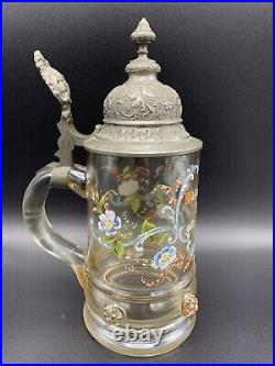 Antique Theresienthal German Beer Stein Blown Glass Enamel Paint Pewter Lid 0.5L