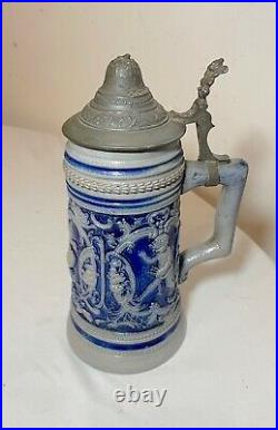 Antique Westerwald German pottery pewter cherub lidded beer stein mug tankard