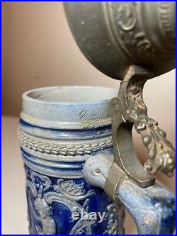 Antique Westerwald German pottery pewter cherub lidded beer stein mug tankard