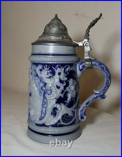 Antique Westerwald German pottery pewter figural lidded beer stein mug tankard
