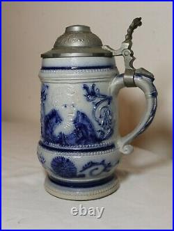 Antique Westerwald German pottery pewter figural lidded beer stein mug tankard