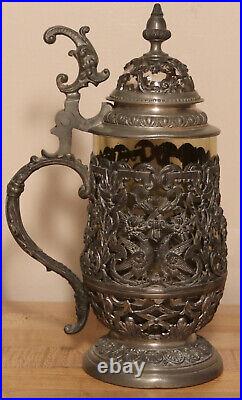 Antique amber glass German beer stein fancy pewter footring doves overlay 1/2L