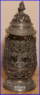 Antique amber glass German beer stein fancy pewter footring doves overlay 1/2L