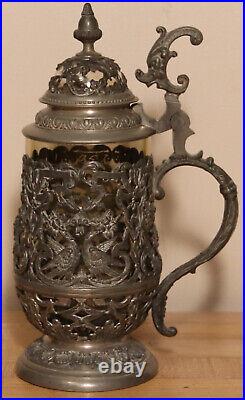 Antique amber glass German beer stein fancy pewter footring doves overlay 1/2L