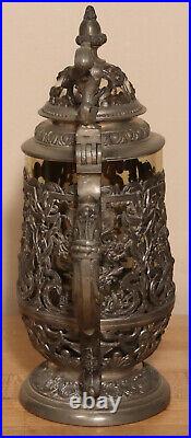 Antique amber glass German beer stein fancy pewter footring doves overlay 1/2L