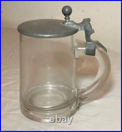 Antique early 1800's glass engraved pewter German lidded beer stein mug pitcher