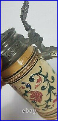 Antique early 20thC R. Merkelbach German pottery pewter lid beer stein 1/2L#983