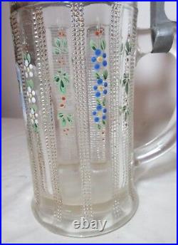 Antique glass pewter lidded figural hand enameled painted German beer stein mug