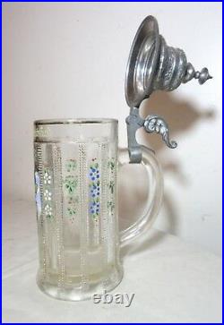 Antique glass pewter lidded figural hand enameled painted German beer stein mug