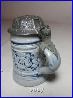 Antique hand made German pottery pewter miniature lidded beer stein mug tankard