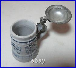 Antique hand made German pottery pewter miniature lidded beer stein mug tankard