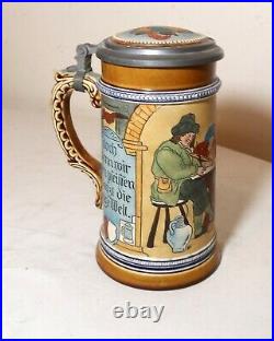 Antique hand made painted Mettlach German pottery pewter lidded beer stein #884